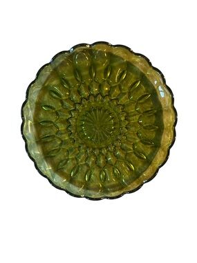 Vintage Anchor Hocking Fairfield snack plate in avocado green glass.